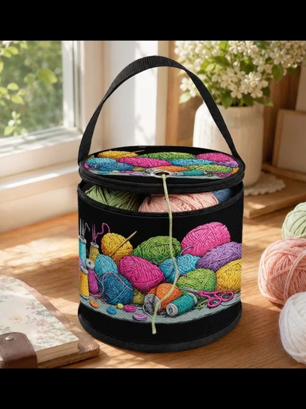 Craft Yarn Storage Tote with Handle - Black Multi-Color